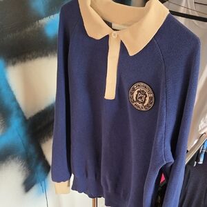 Navy and Cream Men's Sweater